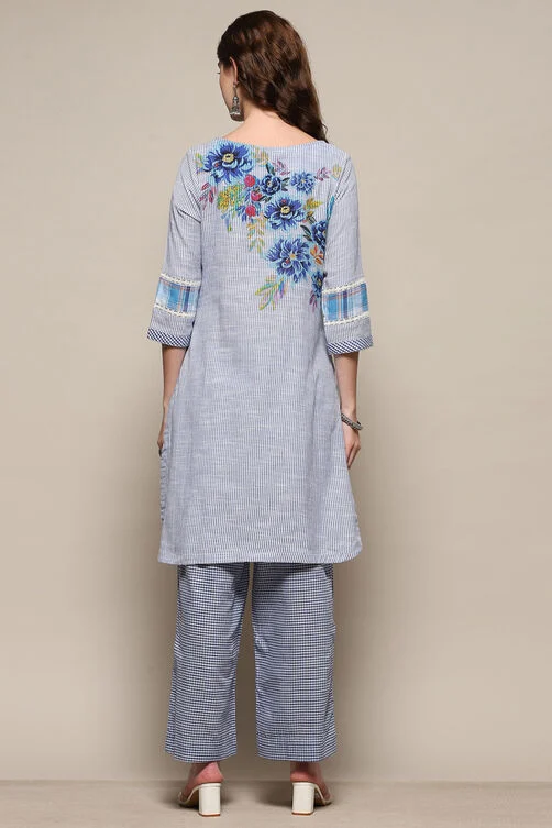 Women Blue Cotton Straight Suit Set - Image 4