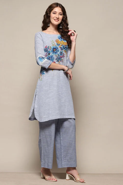 Women Blue Cotton Straight Suit Set - Image 3