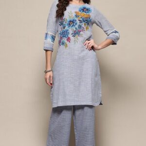 Women Blue Cotton Straight Suit Set