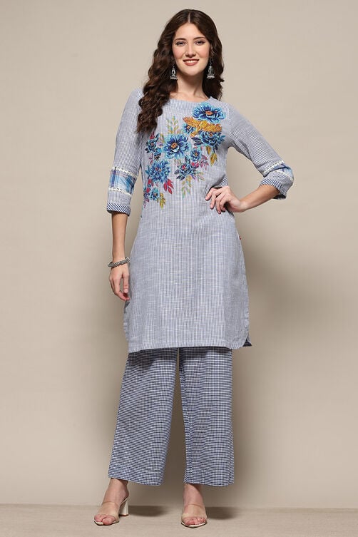 Women Blue Cotton Straight Suit Set