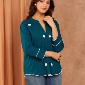 Women Teal Blue Hand Embroidered Cotton Top
