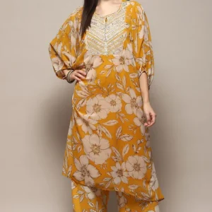 Women Yellow Polyester Straight Printed Suit Set