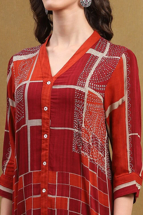Women Red Geometric Hand-Blocked Printed Straight Kurta Set - Image 6