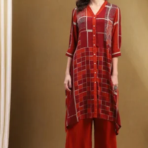 Women Red Geometric Hand-Blocked Printed Straight Kurta Set