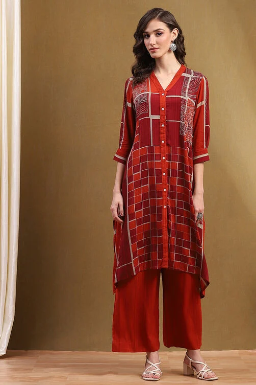 Women Red Geometric Hand-Blocked Printed Straight Kurta Set