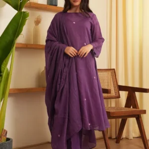 Women Purple Embroidered Kota Doria Suit- Set