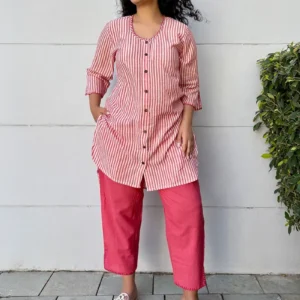 Women Red Striped Linen Kurta with Pants - Set