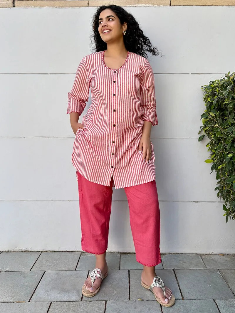 Women Red Striped Linen Kurta with Pants - Set