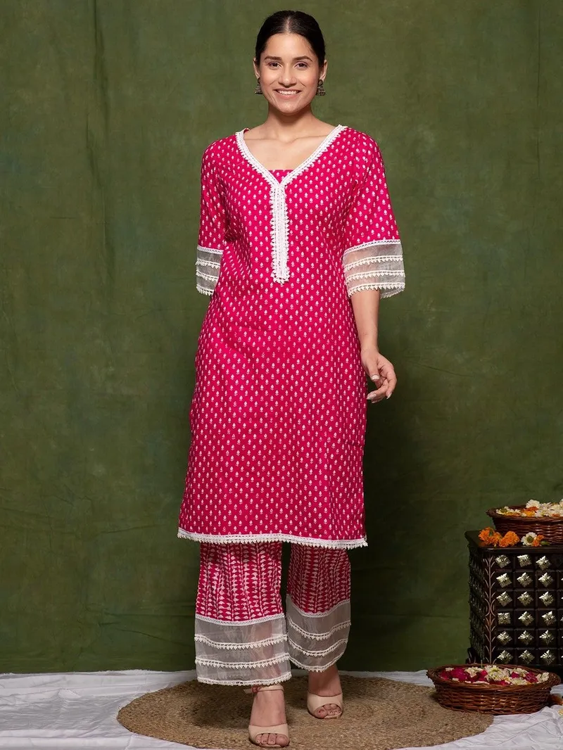Women Pink Printed Cotton Kurta with Pants- Set - Image 6