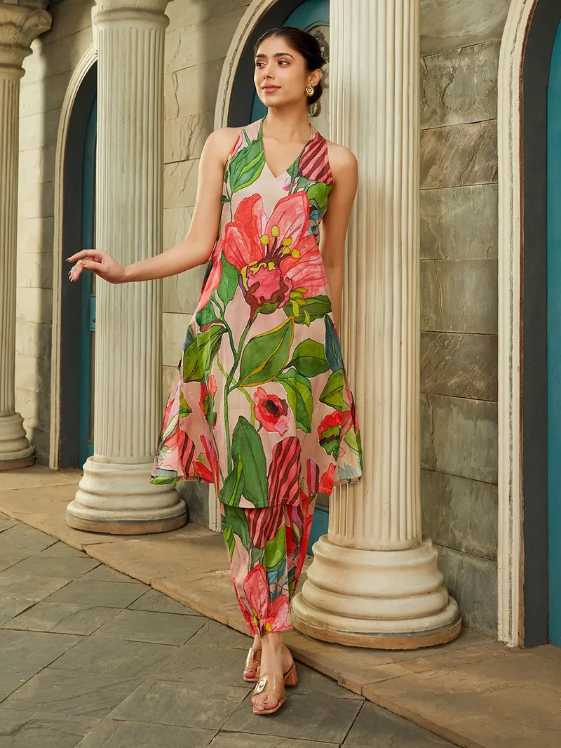 Women Old Rose Green Printed Cotton Kurta with Pants - Image 6