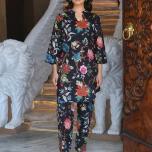 Women Black Printed Cotton Tunic with Pants - Set