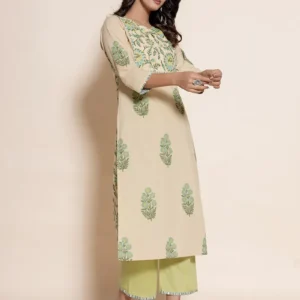 Women Beige Hand Block Printed Cotton Kurta with Pants- Set