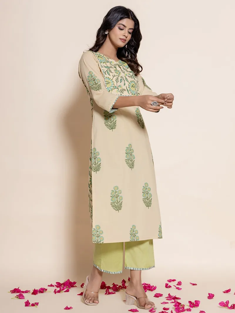 Women Beige Hand Block Printed Cotton Kurta with Pants- Set