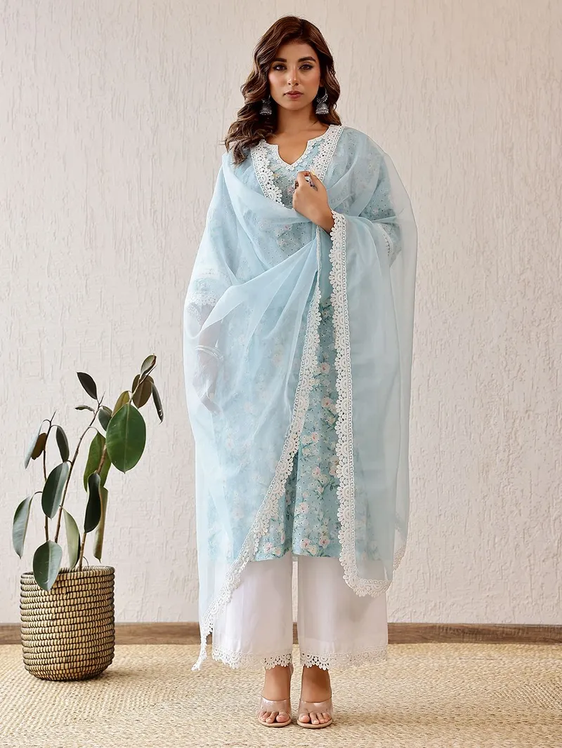 Women Blue Printed Cotton Kurta with Palazzo- Set