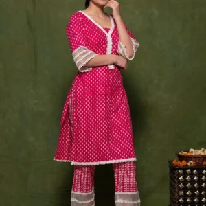 Women Pink Printed Cotton Kurta with Pants- Set