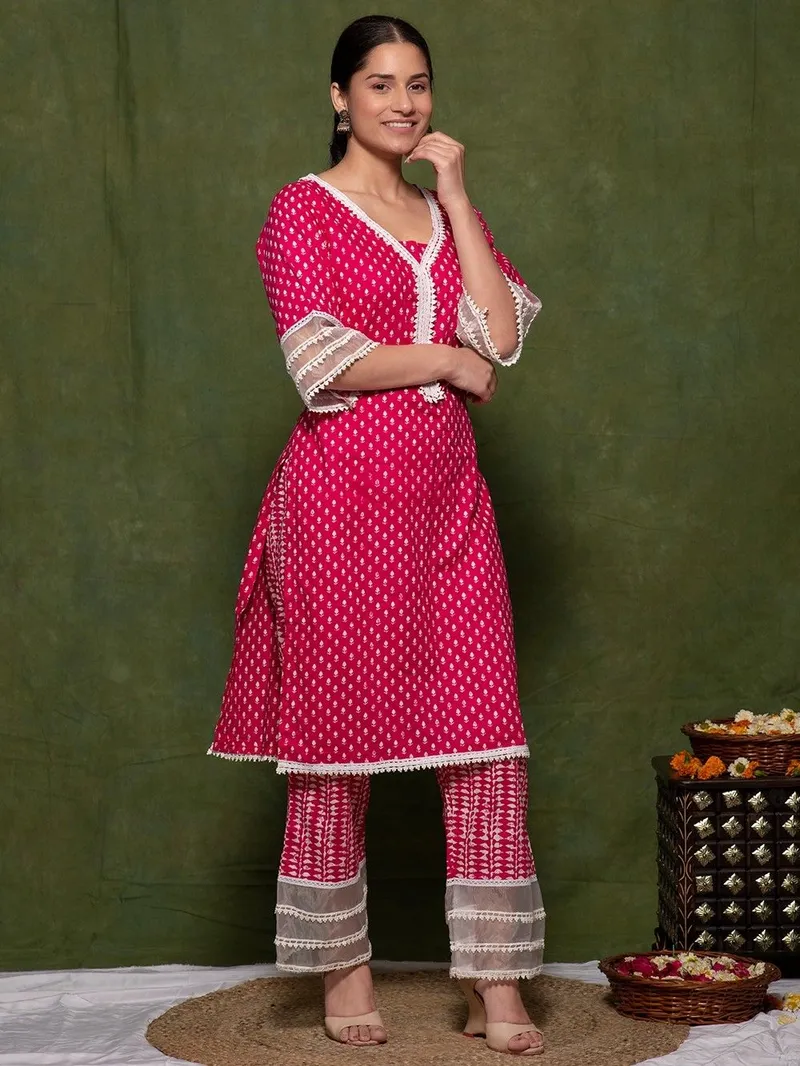 Women Pink Printed Cotton Kurta with Pants- Set