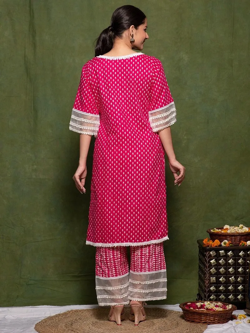 Women Pink Printed Cotton Kurta with Pants- Set - Image 3
