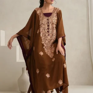 Women Brown Kashmiri Aari Embroidered Cotton Georgette Kaftan with Inner and Pants