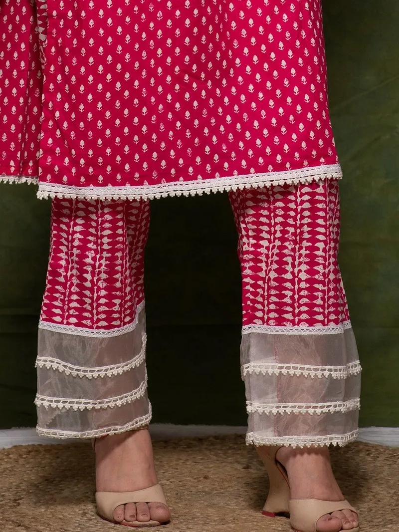 Women Pink Printed Cotton Kurta with Pants- Set - Image 2