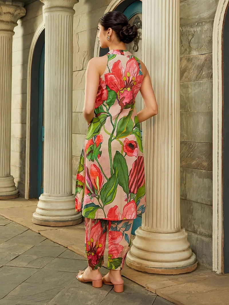 Women Old Rose Green Printed Cotton Kurta with Pants - Image 2