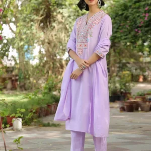 Women Lilac Embroidered Cotton Mulmul Suit- Set