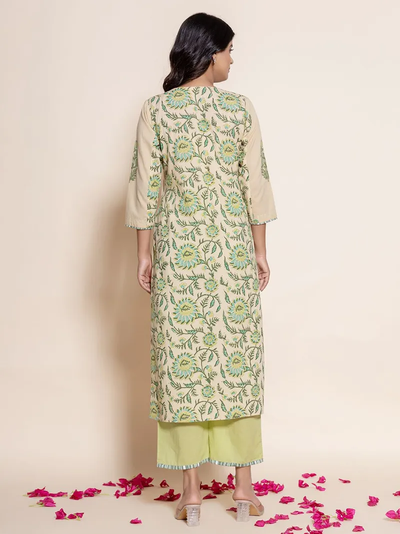 Women Beige Hand Block Printed Cotton Kurta with Pants- Set - Image 2
