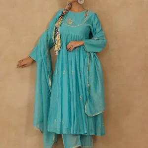 Women Teal Blue Embroidered Chanderi Mulmul Suit - Set